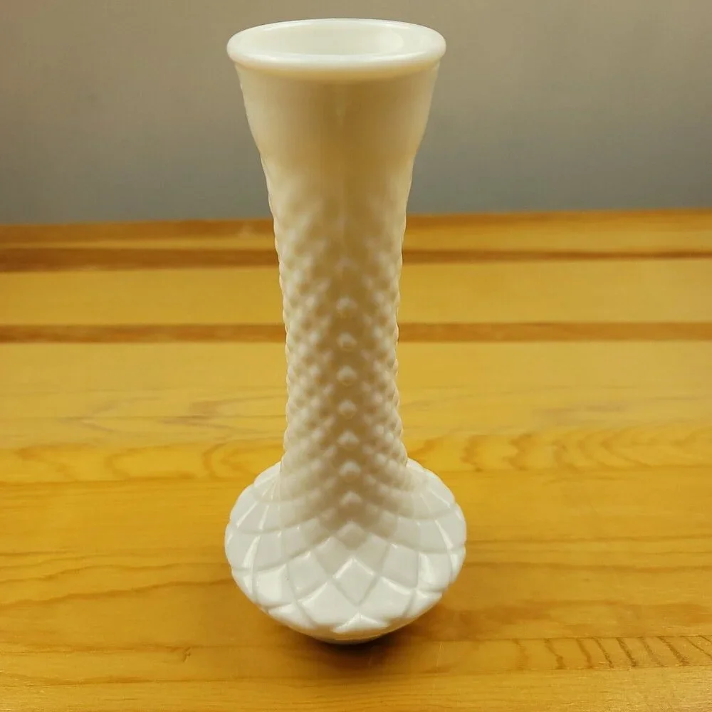 Vintage Loeffler Randall Cross Hatched Milk‎ Glass Bud Vase Mid-Century Hobnail